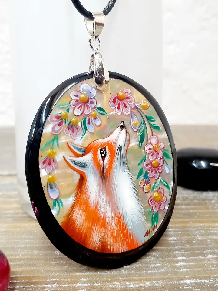 Russian jewelry: Wild red Fox painted in Fedoskino style pendant. Cute wild nature painted on necklace. Collectible gift for grand mother