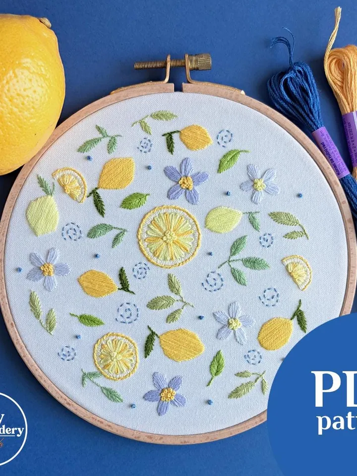 Floral Lemons Hand Embroidery Pattern Step-by-Step Tutorial for Beginners DIY Hoop Art Instant Download PDF Printable Pattern Unique Design
