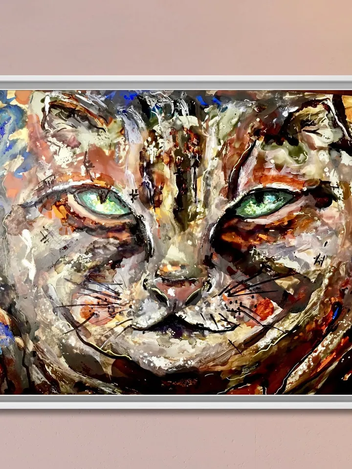 Moody cat,mix media watercolour and alcohol inks painting on yupo paper,original one of a kind,kids room decoration,for cat lovers.