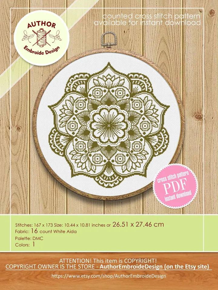 Lotus mandala cross stitch pattern download PDF, Monochrome mandala ornament, Lotus flower cross stitch chart, Mandala pattern PDF #M190