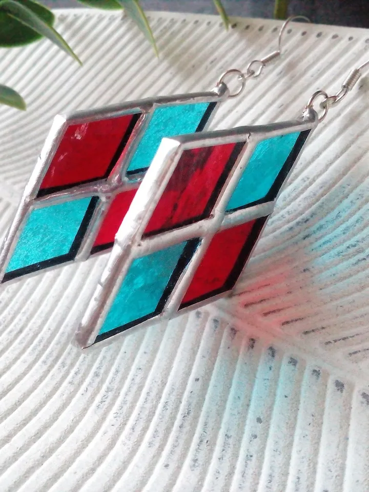 Checkerboard stained glass earrrings - handmade geometric chess plaid earrings