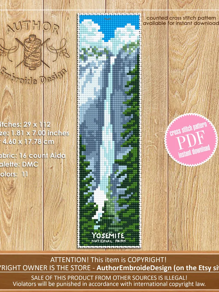 Yosemite National park bookmark cross stitch pattern PDF download Nature cross stitch chart, Digital bookmark pattern PDF, Waterfall #B170