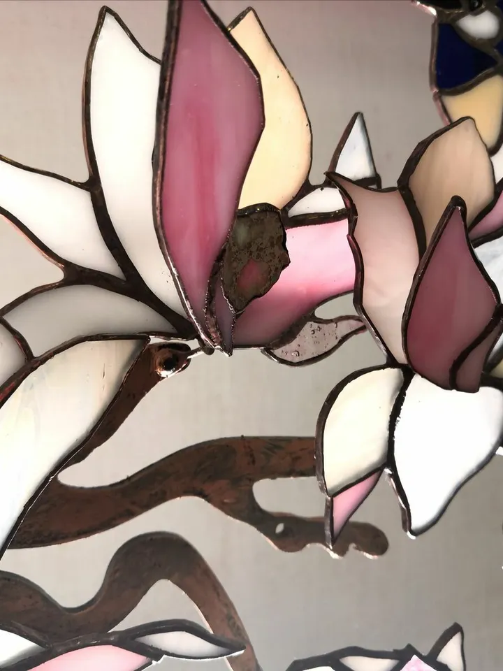 Stained Glass: Lovebirds – Blue Jays on Magnolia Branch with Agates, Stained Glass Bluebirds on Magnolia Branch, Romantic Stained Glass Lovebirds with Agates, Blue Jays on Magnolia – Stained Glass Art, Handmade Stained Glass Birds and Blossoms