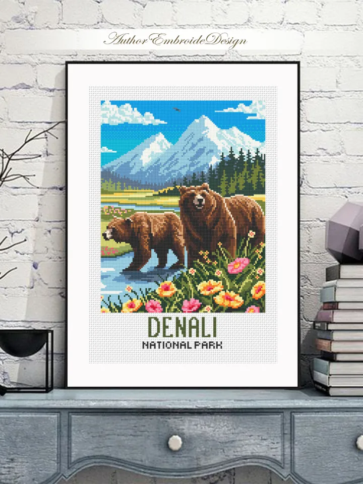 Denali national park cross stitch pattern PDF download Bear cross stitch chart, Mountain landscape pattern digital PDF, Travel poster #L99