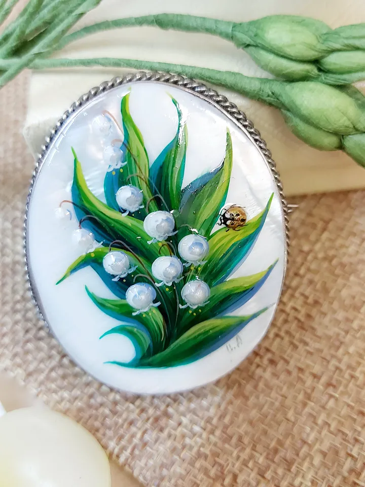 Brooches for women: Lily of the valley and Ladybug on Handmade jewelry brooch, hand painted shell brooch with May flower and lady beetle