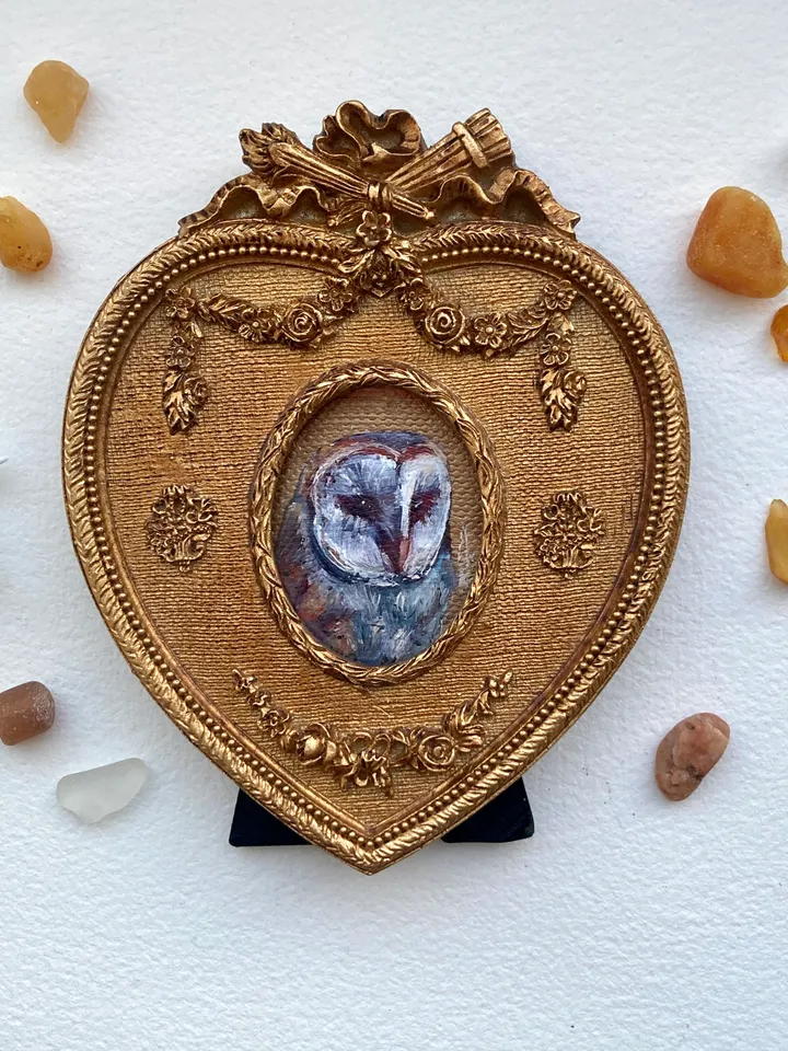 Owl Oil Painting Original In Vintage Style Heart Frame Small Framed Bird Art Barn Owl