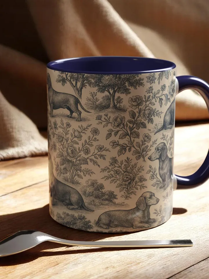 Dachshund French Toile de Jouy Ceramic Mug, Toile Coffee Cup for Doxie Mom, Sausage Dog Lover Gifts, Dog Tea Drinkware, Gift For Dog Lovers