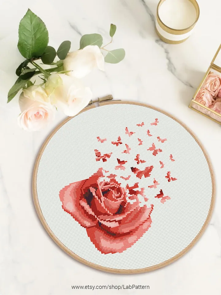 Rose Flower Butterfly Cross stitch pattern | Embroidery Pattern | Instant Download | Embroidery Designs