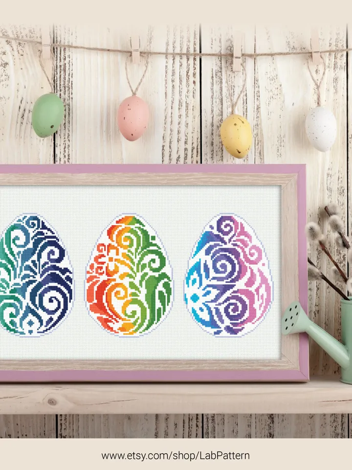 Happy Easter Egg Set 3 cross stitch pattern Spring Bunnies Family boy girl nursery decor, counted, chart, gift DIY, embroidery, instant PDF