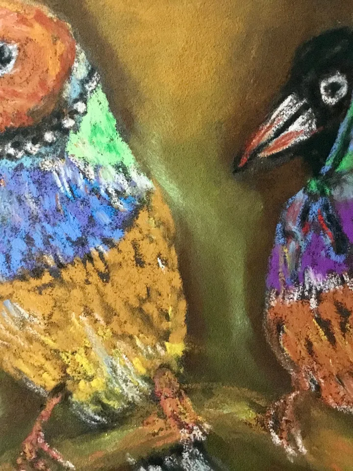 Funny birds painting ,3 friends, original pastel painting,bright colours.