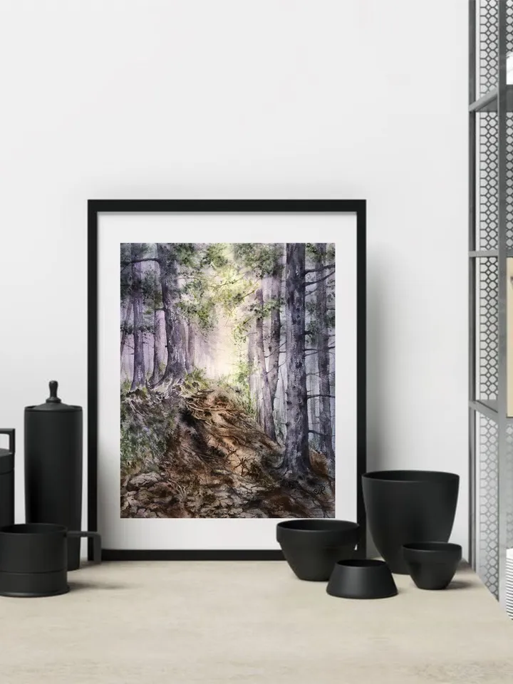 Forest Original Watercolor Painting Sunset Landscape Artwork