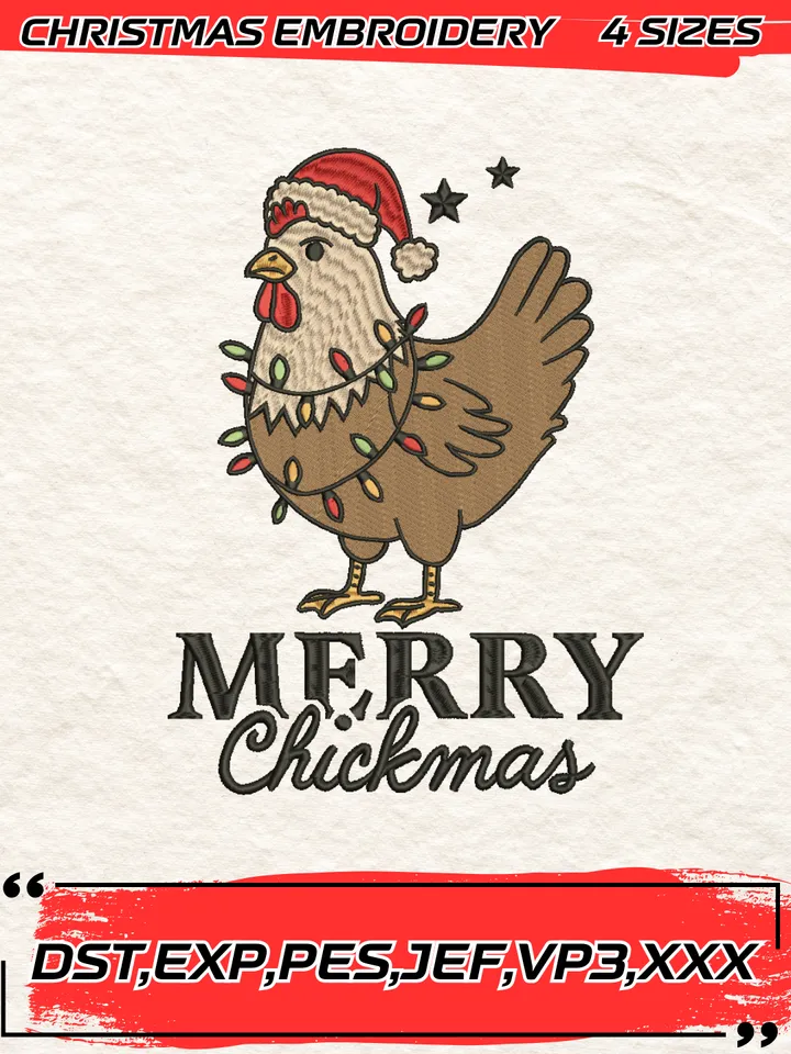 Merry Chickmas Embroidery Design,Christmas Embroidery Design,4 Sizes, Digital Download