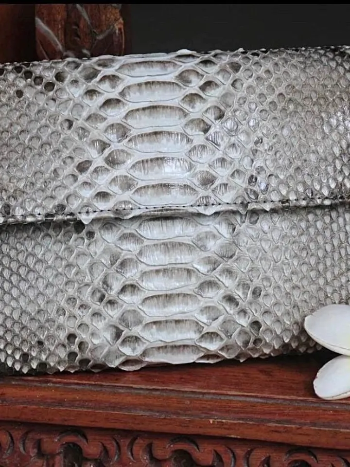 Genuine python skin classy grey flat clutch with shoulder chain | elegant evening women purse | designer leather bags | small snake bag