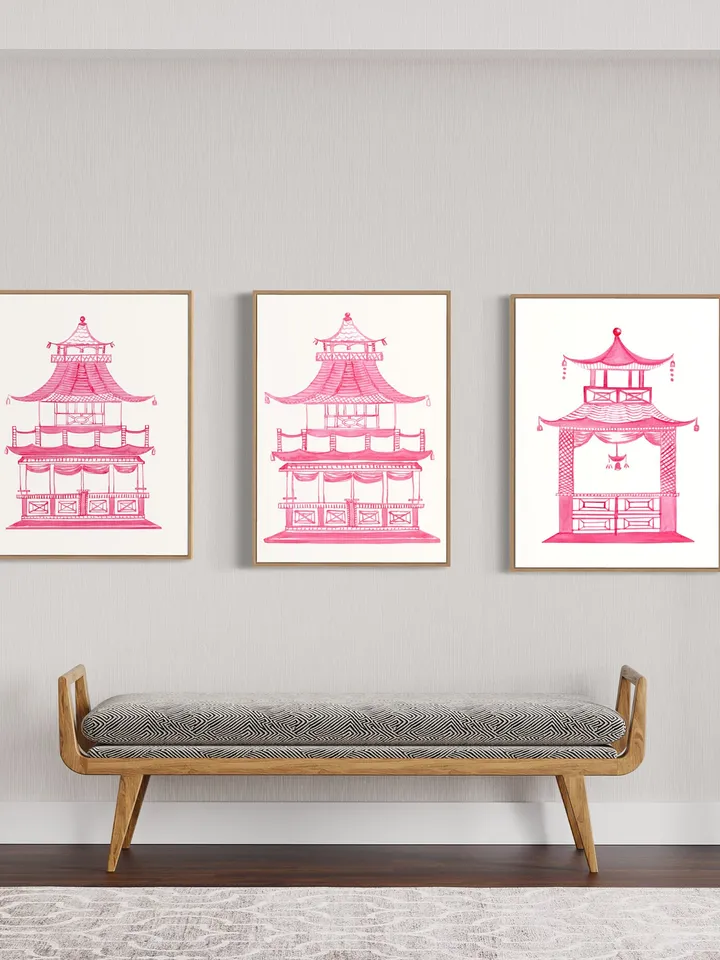 Pink Pagoda Watercolor Painting Chinoiserie Asian Wall Art Poster Pagoda Print Set Of 3 Watercolor Painting Chinoiserie Painting Art Print