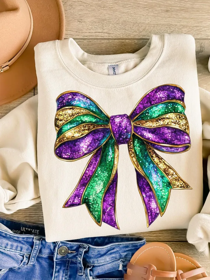 Mardi Gras Bow Sublimation PNG Coquette Bow Mardi Gras Shirt Mardi Beads Louisiana Festival Shirt New Orleans Carnival Glitter Bow Shirt