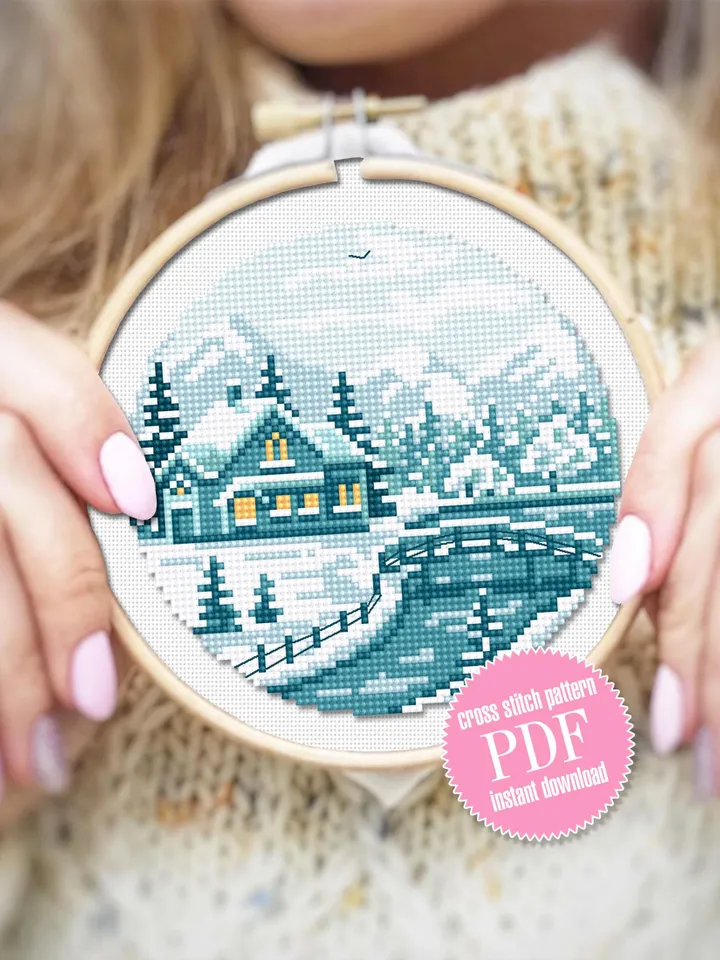 Winter landscape cross stitch pattern PDF download Nature cross stitch chart, Small snow pattern digital PDF beginner, House in forest #L92