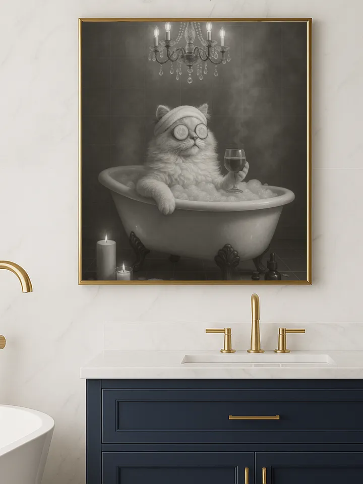 Funny Cat Spa Wall Art, Luxurious Kitty in Bathtub with Wine Print, Elegant Bathroom Humor, Digital Download
