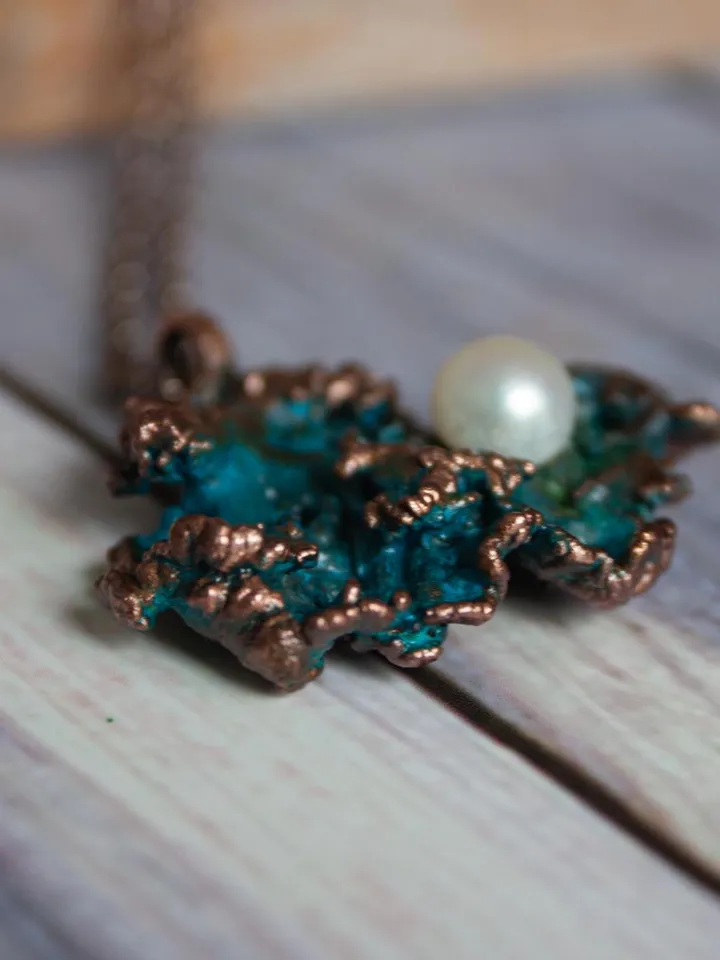 Original handmade copper electroformed pendant made of natural moss with pearl