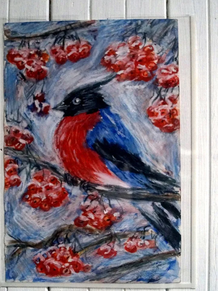 Oil pastel painting "Bullfinch and berries"