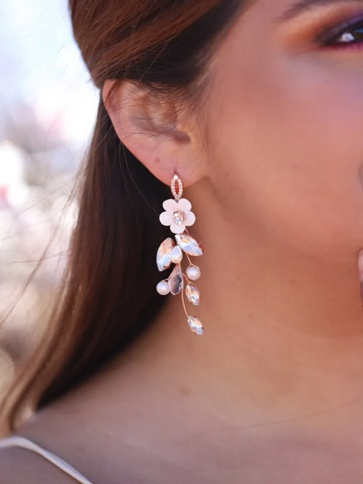 Rose Gold Delicate Porcelain Flower Wedding Earrings, Long Boho Wedding Earrings, Pearl Bridal Jewelry, Floral Chandelier Statement Earrings