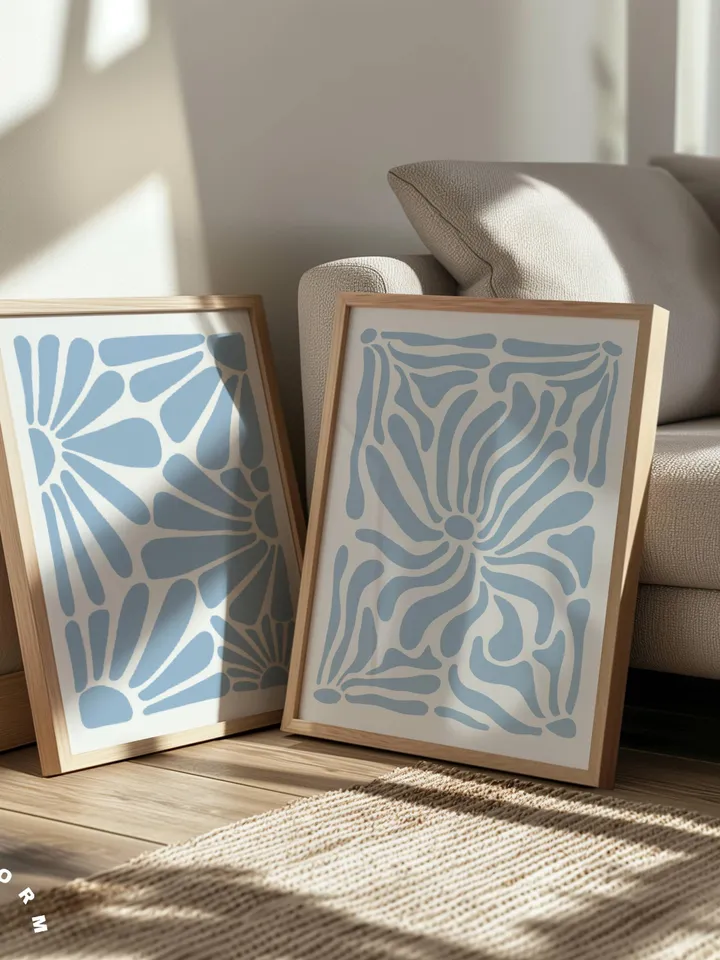 Soft Blue Wall Art Set of 2 Prints, Boho Flower Print, Blue Abstract Minimalist Organic, Blue Floral Wall Art, Wild Flower, Printable Art
