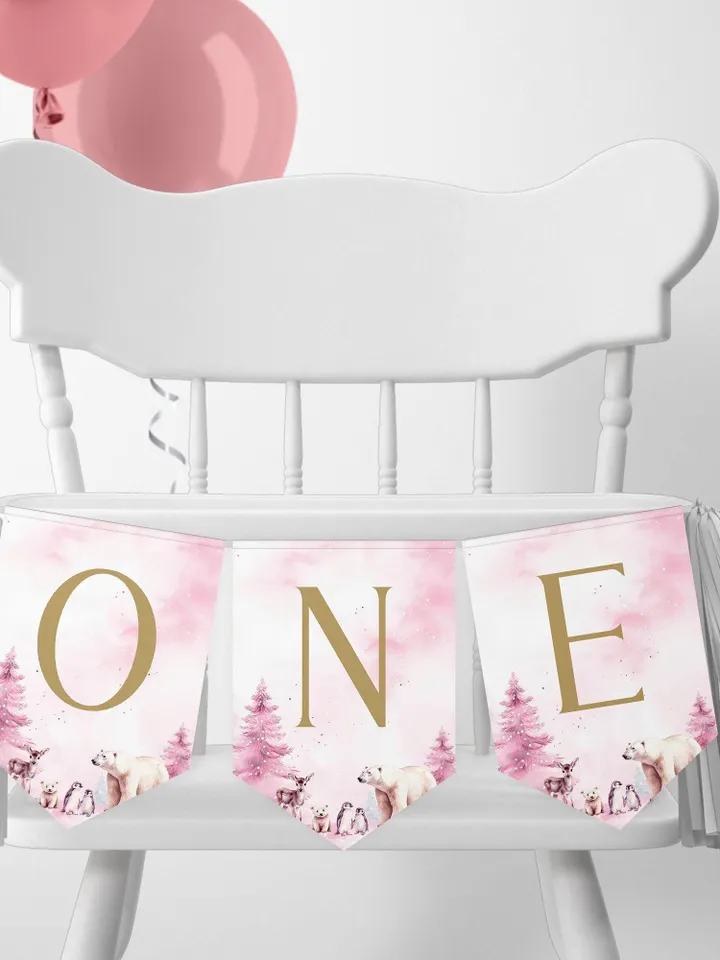 Winter Onederland High Chair Banner Wonderland Boy Girl 1st Birthday Party Decor Polar Bear Arctic Animals Bunting Flag Printable Prop i123