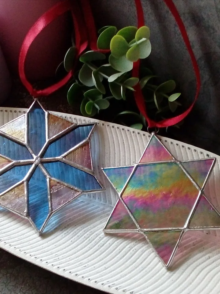 Set of 2 snowflake suncatchers, christmas ornaments, simple stained glass, Christmas decorations, Xmas tree star