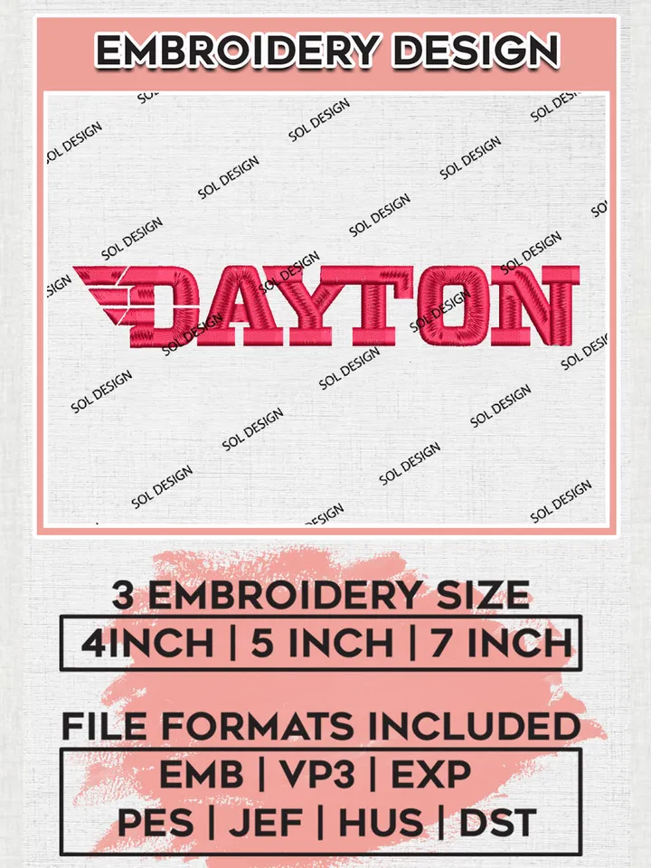 NCAA Dayton College Team Writing Logo Embroidery Design Files, NCAA Dayton Flyers Machine Embroidery, NCAA Teams, 3 sizes, NCAA Machine embroidery designs, Digital Download