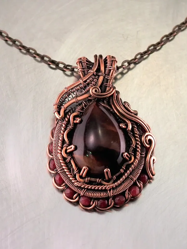 Copper wire wrapped pendant with natural Bulls Eye and Garnets Necklace for her