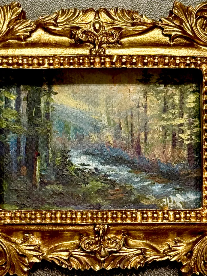 Small Landscape Painting Framed Original Enchanted Forest Painting Antique Misty Art Coastal Gold Frame Tiny Paintings 3 x 4 Art Dark Cottagecore artwork