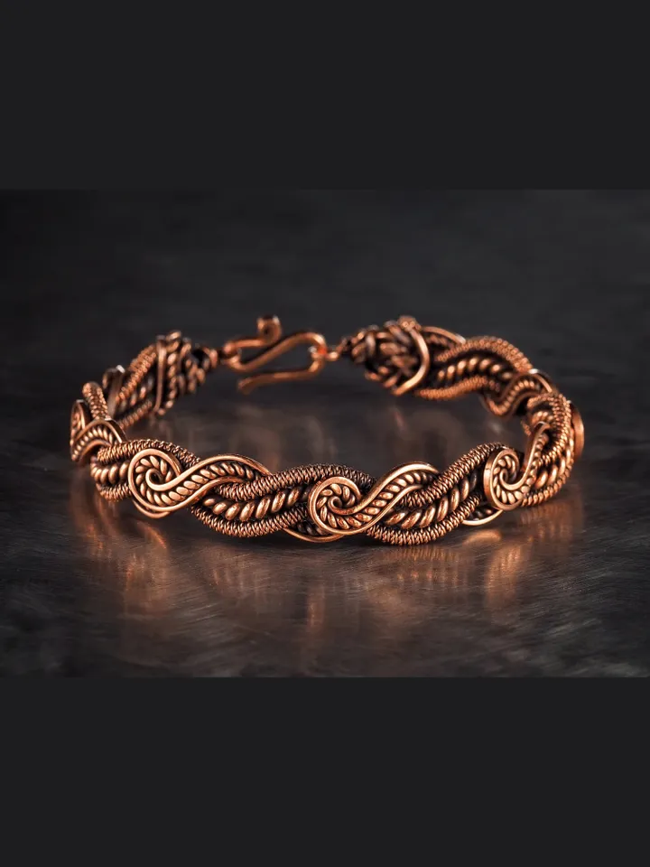 Wire wrapped bracelet, Unique 7th 22nd Anniversary gift idea, Art Nouveau antique style, One of kind braided statement bangle, Handmade oxidized pure copper jewelry, Pain relief, EMF protection