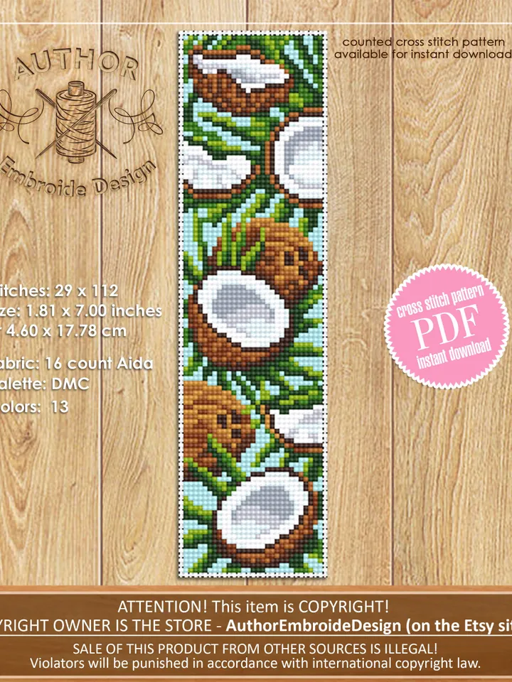 Summer bookmark cross stitch pattern PDF download Tropical fruit Coconut cross stitch chart, Digital bookmark pattern, Unique bookmark #B154