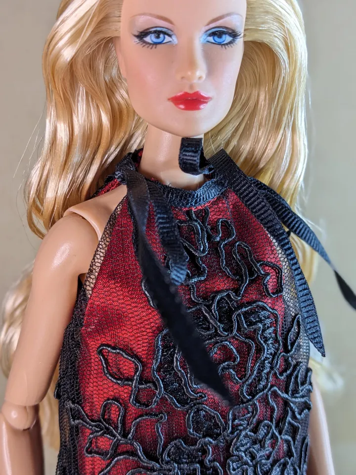Handmade black & red lace dress for 13-inch fashion dolls