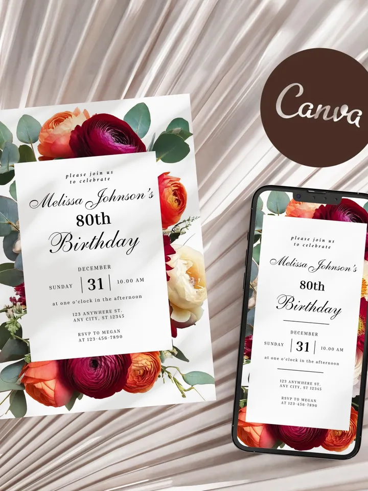 80th Birthday Invitation Elegant Floral Birthday Evite, Burgundy Peach Ivory Ranunculus Eucalyptus 85th Printable Invite canva template