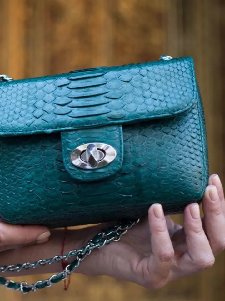 Genuine Python Skin Dark green Crossbody Bag  | Adjustable Chain Classy Elegant snake Small Lady Summer Purse | Designer leather bags