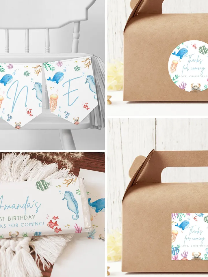 Oneder the Sea Birthday Invitation Bundle Boy or Girl Under the Sea 1st Birthday Invite Blue, 1st Birthday Girl, Sea Party Decorations i107
