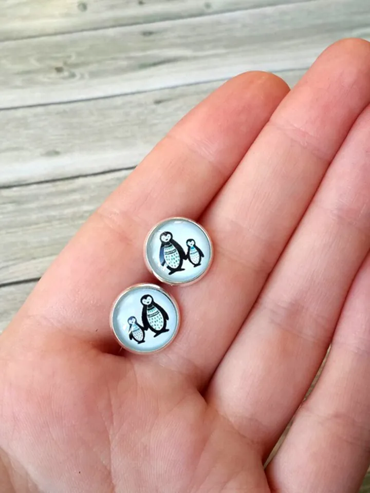 Penguin earrings studs, Penguin cub earrings, Tiny studs for girls, Mum gift
