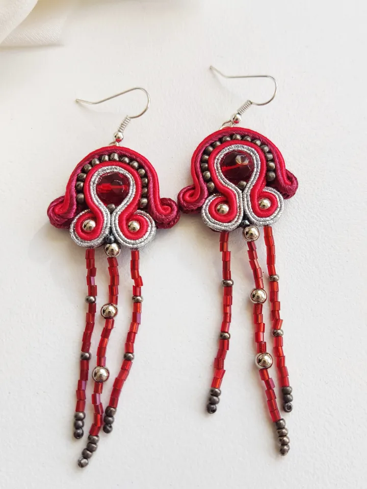 Red earrings, Long beaded earrings, tassel earrings, embroidered soutache earrings
