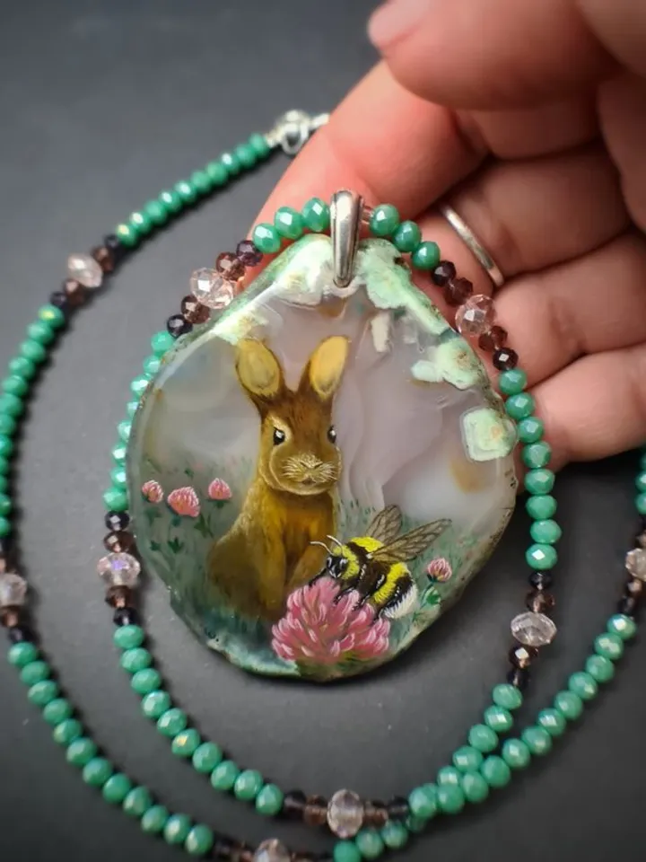 Necklace with rabbit, bumblebee Painting Agate stone Christmas Gift Wrapping