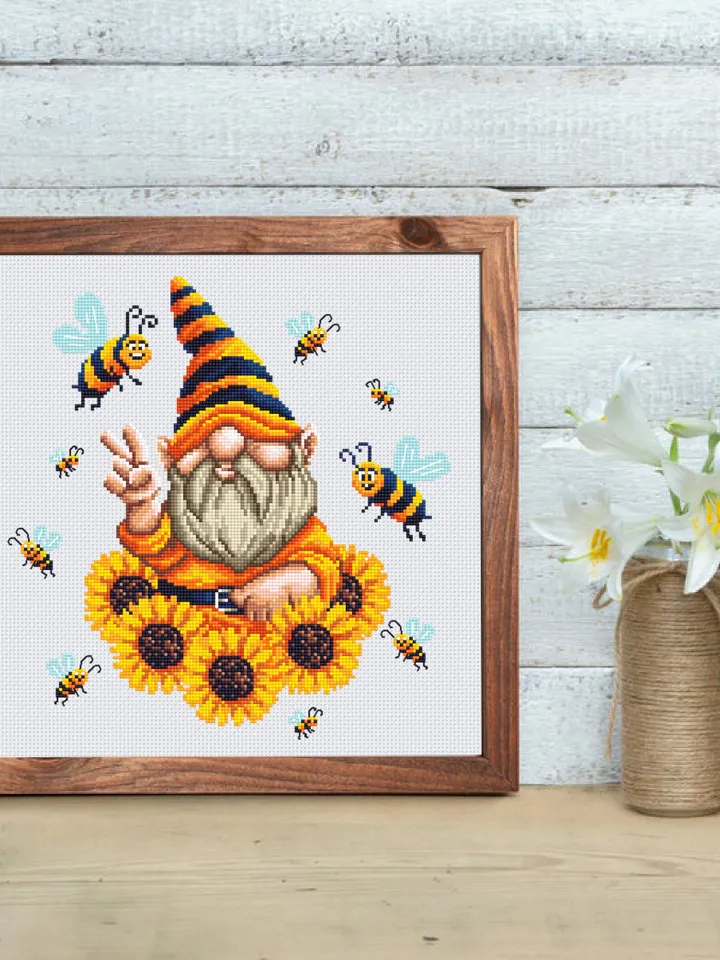 Sunflower gnome cross stitch pattern download PDF, Cute gnome pattern digital PDF, Bee gnome embroidery, Yellow sunflowers cross stitch #P34