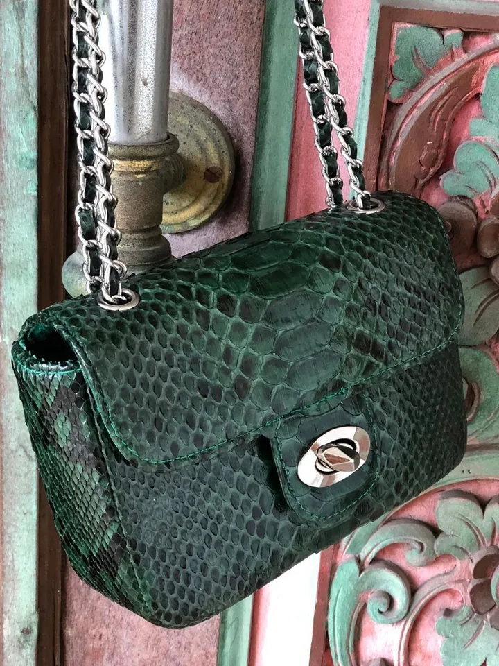 Dark green Crossbody Bag Genuine Python Skin | Adjustable Chain Classy Elegant snake Crossbody Small Lady Summer Bag | Python Purse