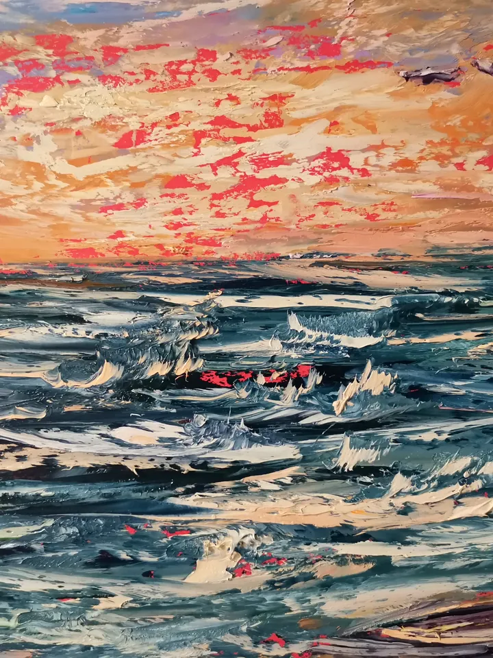 Sailboat Surfing Sea Sunset Seagulls Original Art Oil Painting Artist Svinar Oksana