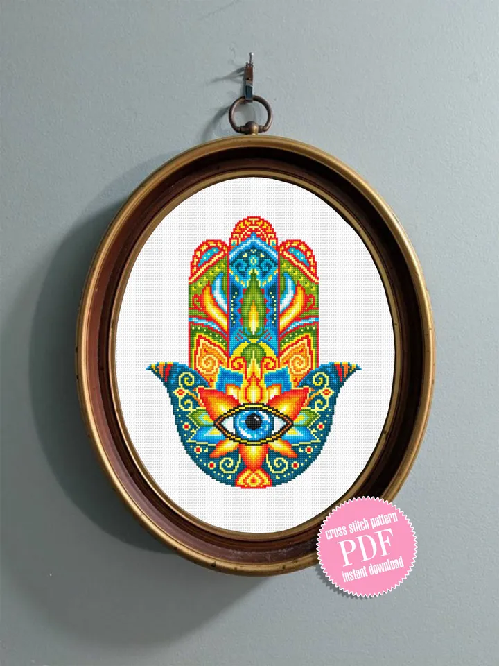 Hamsa hand cross stitch pattern download PDF, Mandala pattern PDF, Colorful Hand of Fatima cross stitch, Evil eye hamsa beginner stitch #M76