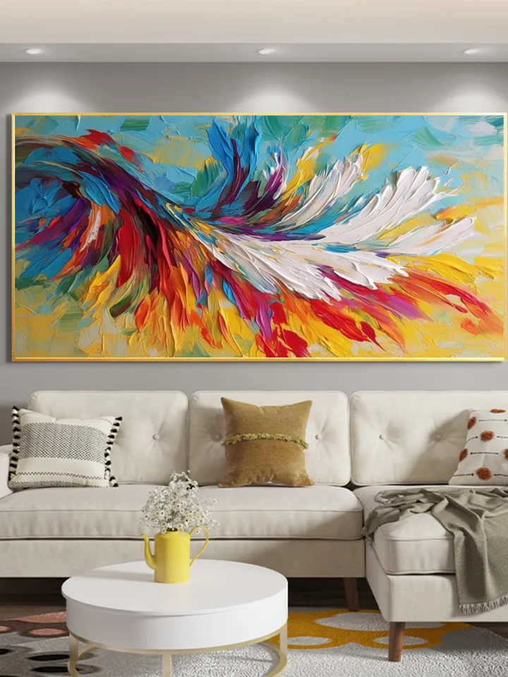 Large Oil Painting On Canvas, Original Colorful Feathers Painting, Abstract Painting, Custom Painting, Office Living room Bedroom Wall Art