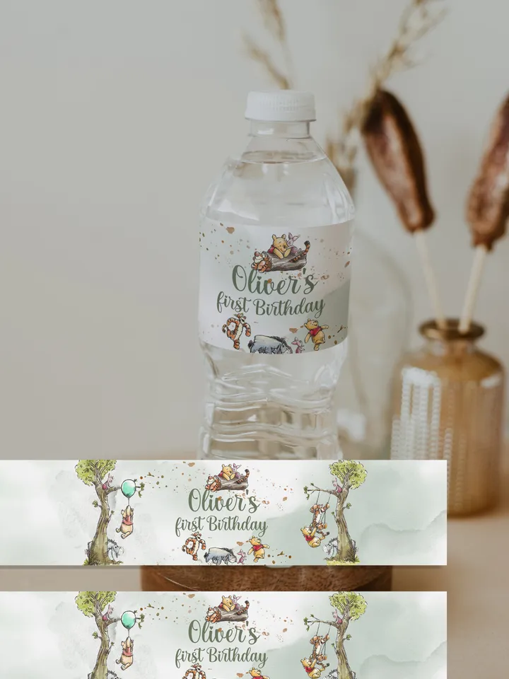 Editable Water Bottle Label Hundred Acre Wood First Birthday party water bottle label; Winnie the Pooh Party; Classic Pooh Birthday ; wp2