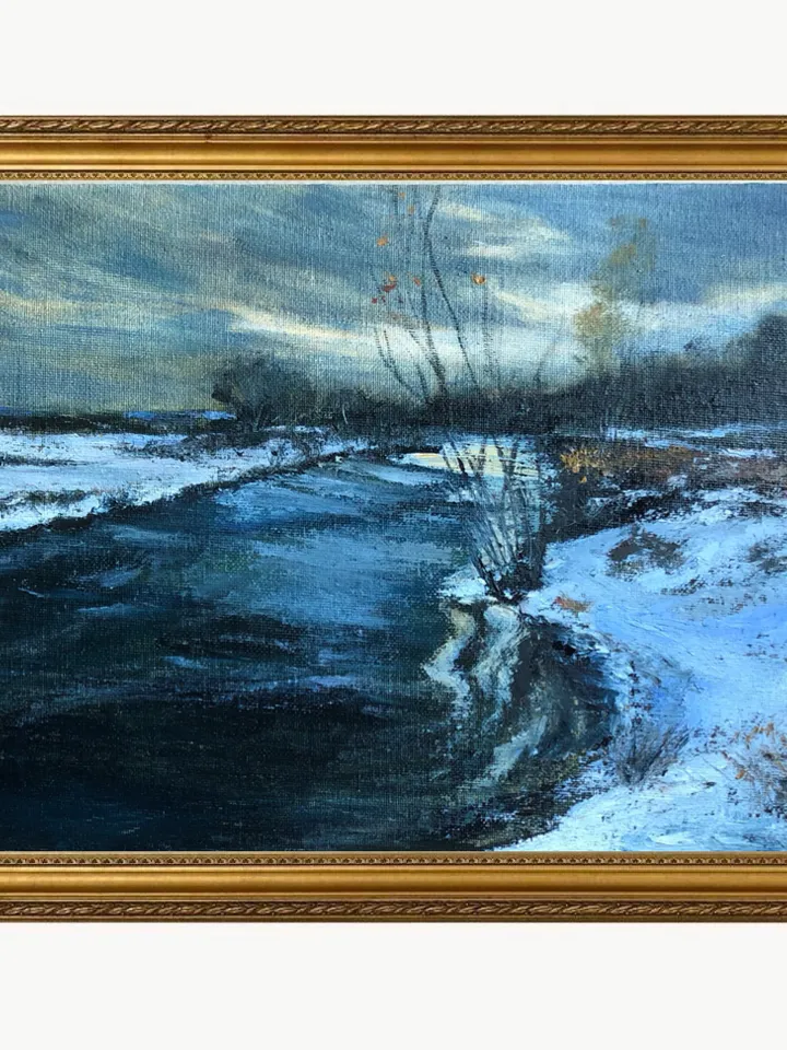 Winter river original oil painting modern art kitchen painting 10 by 14 inches