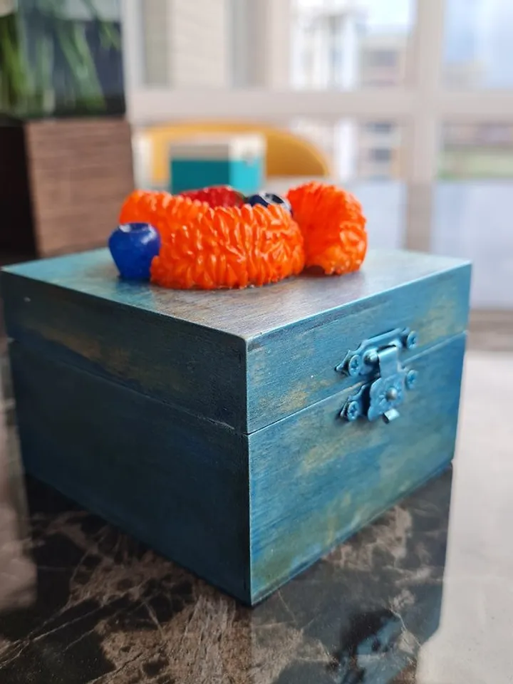 Handmade jewelry box Blue ring box One of a kind Fruits decor on lid Velvet roll