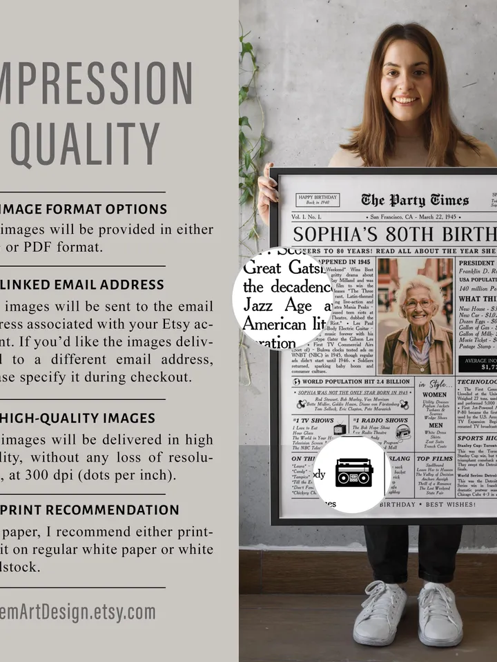 Personalized 80th Birthday Gift for Women or Men, Back in 1945 Newspaper Poster Sign, 80th Birthday Gift for Mom, 80th Birthday Decoration