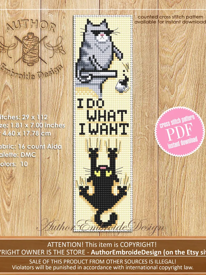 Cat bookmark cross stitch pattern download PDF Black cat cross stitch chart, Funny bookmark digital pattern PDF, Cat quotes embroidery #B322
