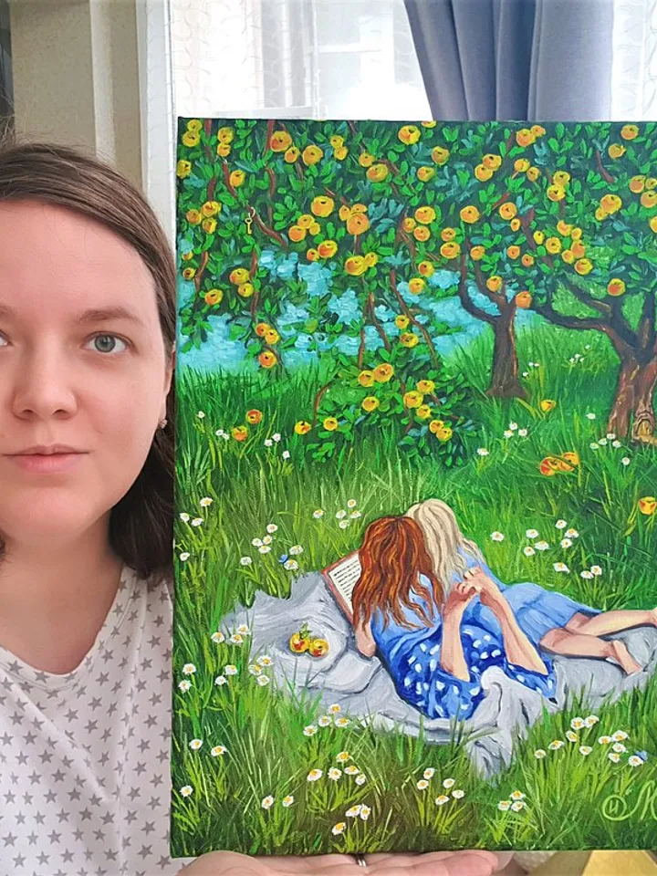 Girls Painting Apple Tree Original Art Sisters Artwork Woman Wall Art Oil Canvas